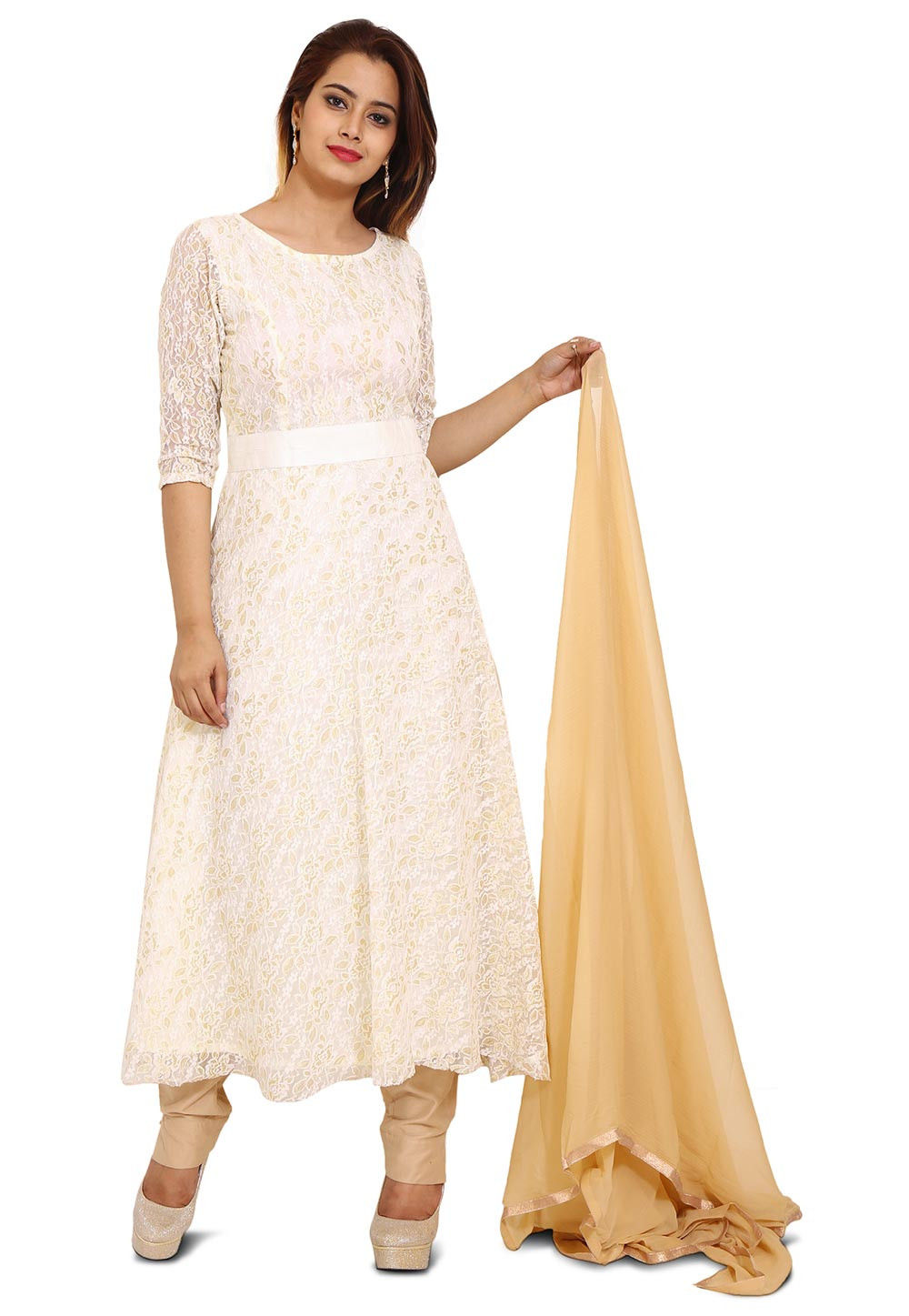 Buy Woven Chantelle Net Anarkali Style Suit in Off White Online ...
