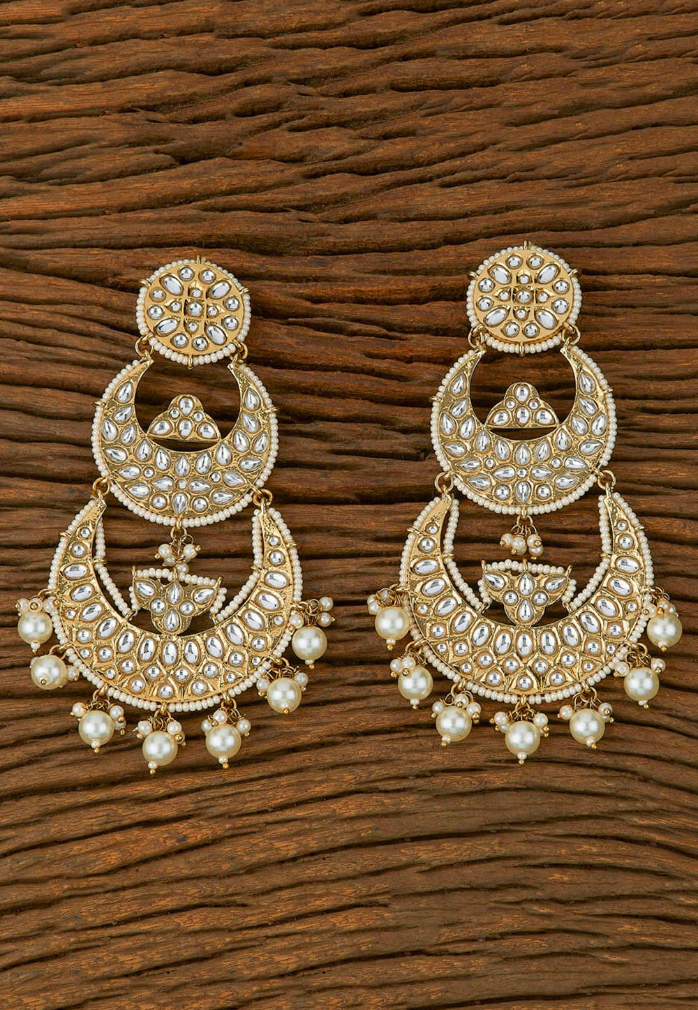 Shoshaa goldplated Red enamel white Pearl kundan Chandbali earrings