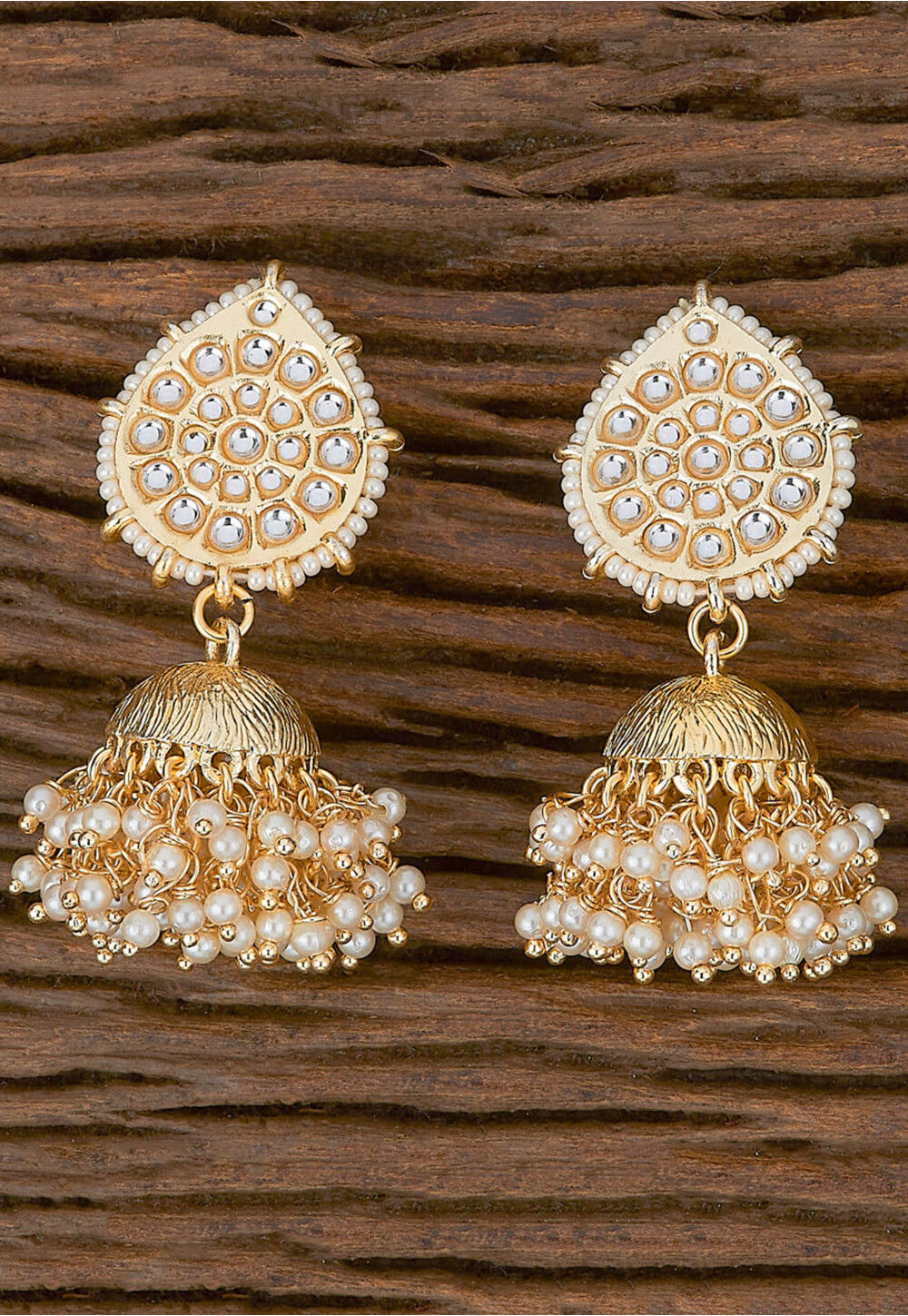 Elegant off White Pearl and Stone Designer Gold Plated Blue Drop Jhumka  Earring - Styylo Fashion - 3797174