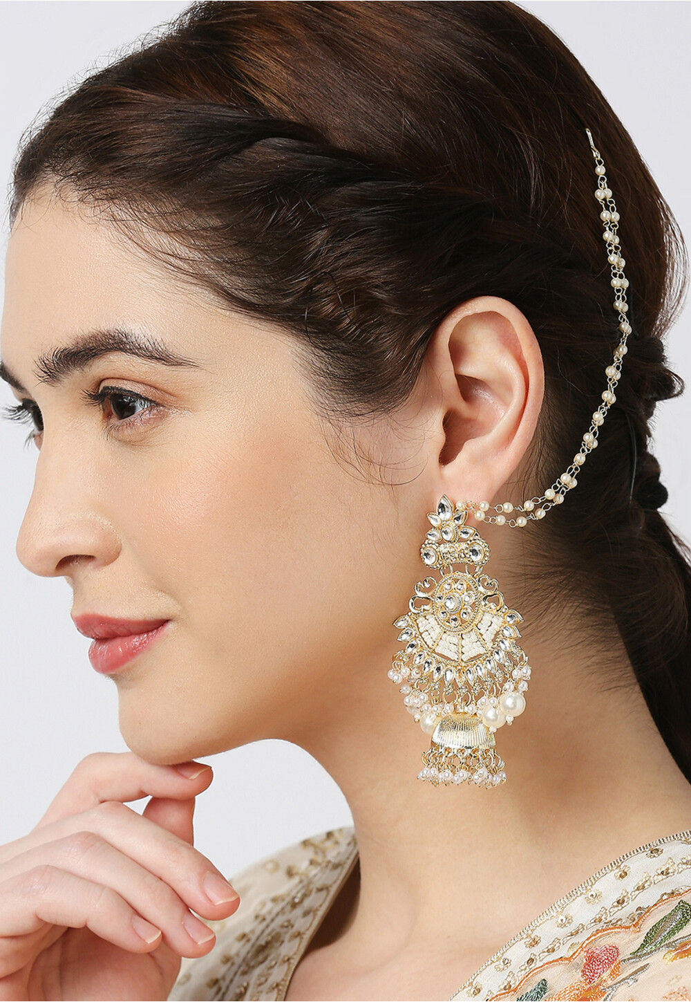 Kiza Green Jhumka Earrings With Ear Chain  Aamogh