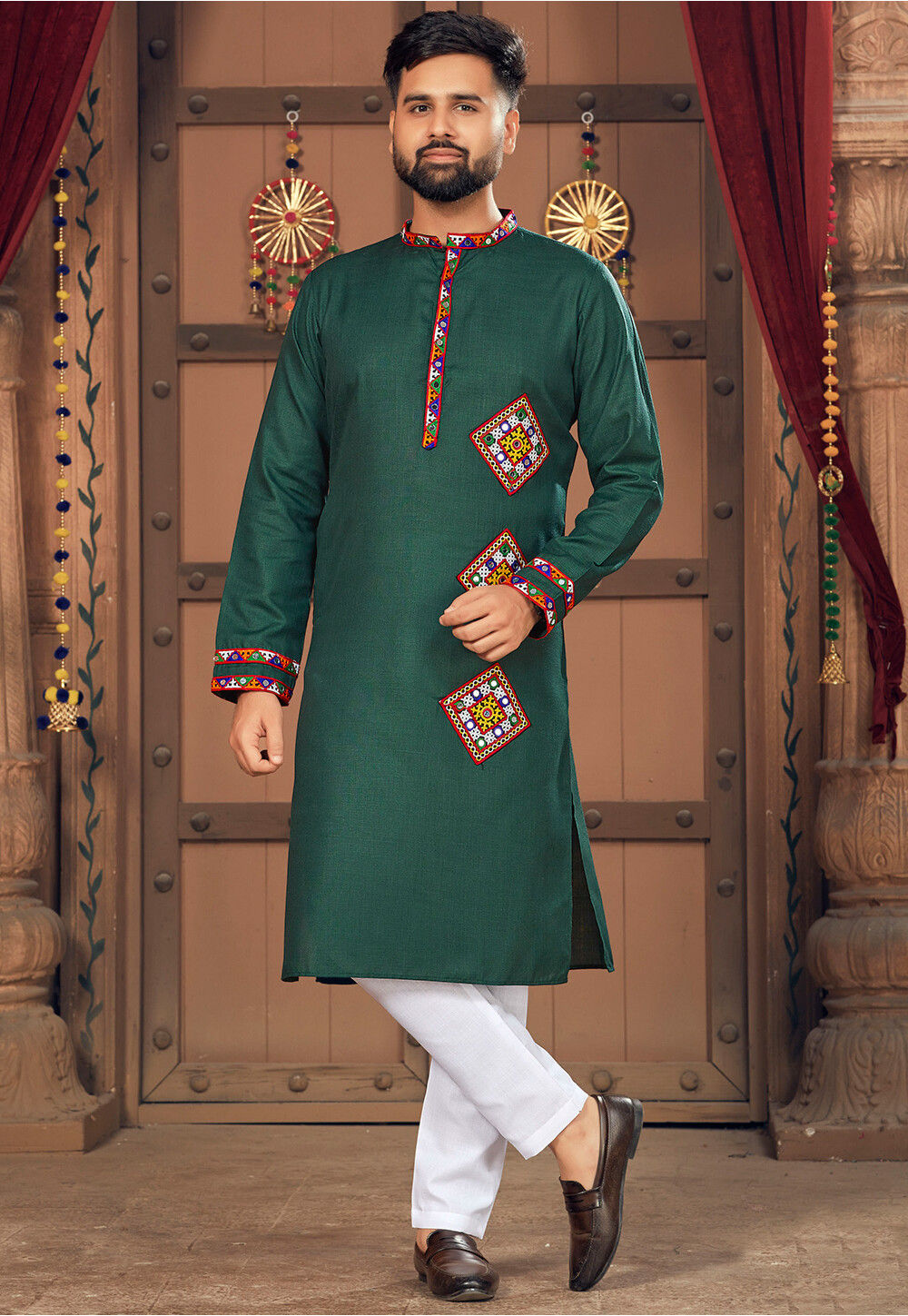 Stylish Dark Green Thread Embroidered Nehru Jacket Set