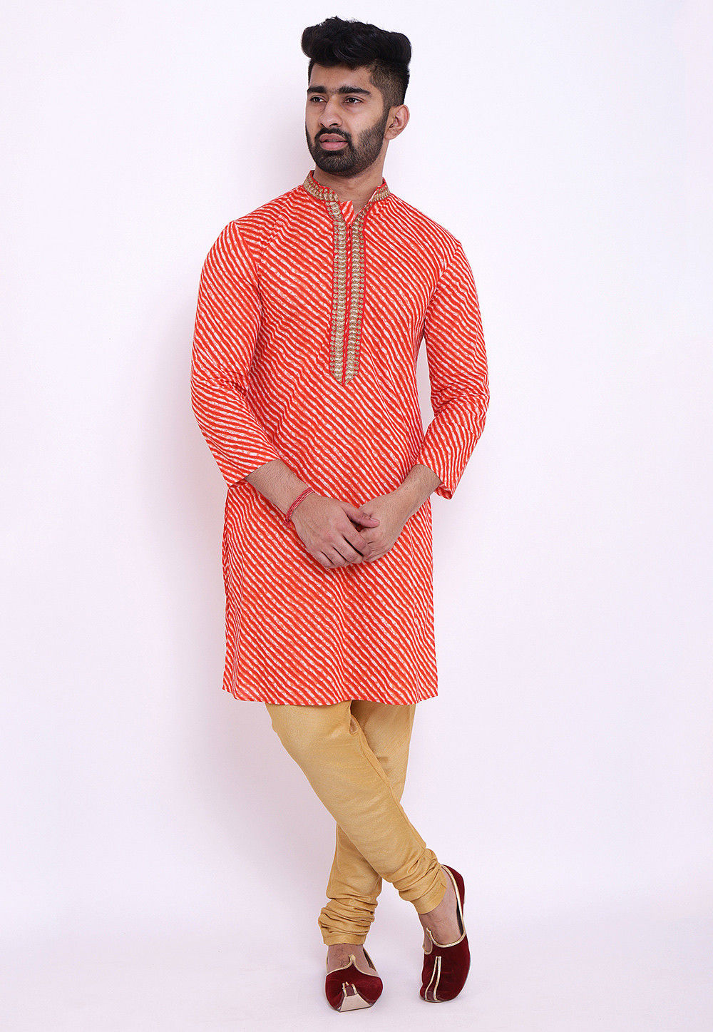 Leheriya Cotton Short Kurta in Red and Off White : MTE121