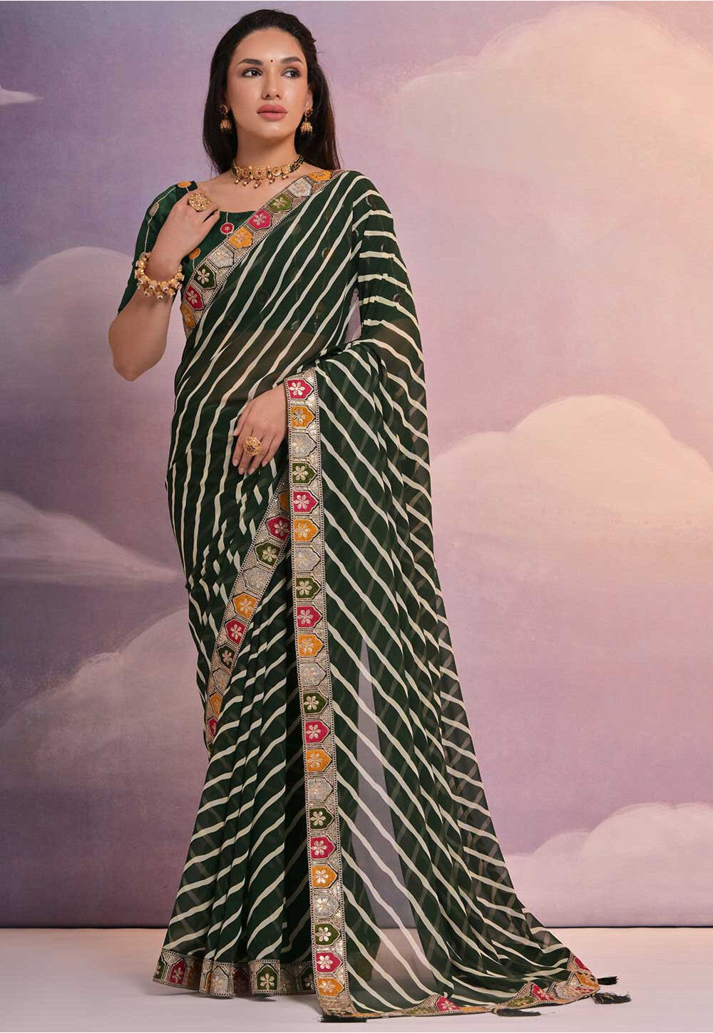 dark green leheriya saree