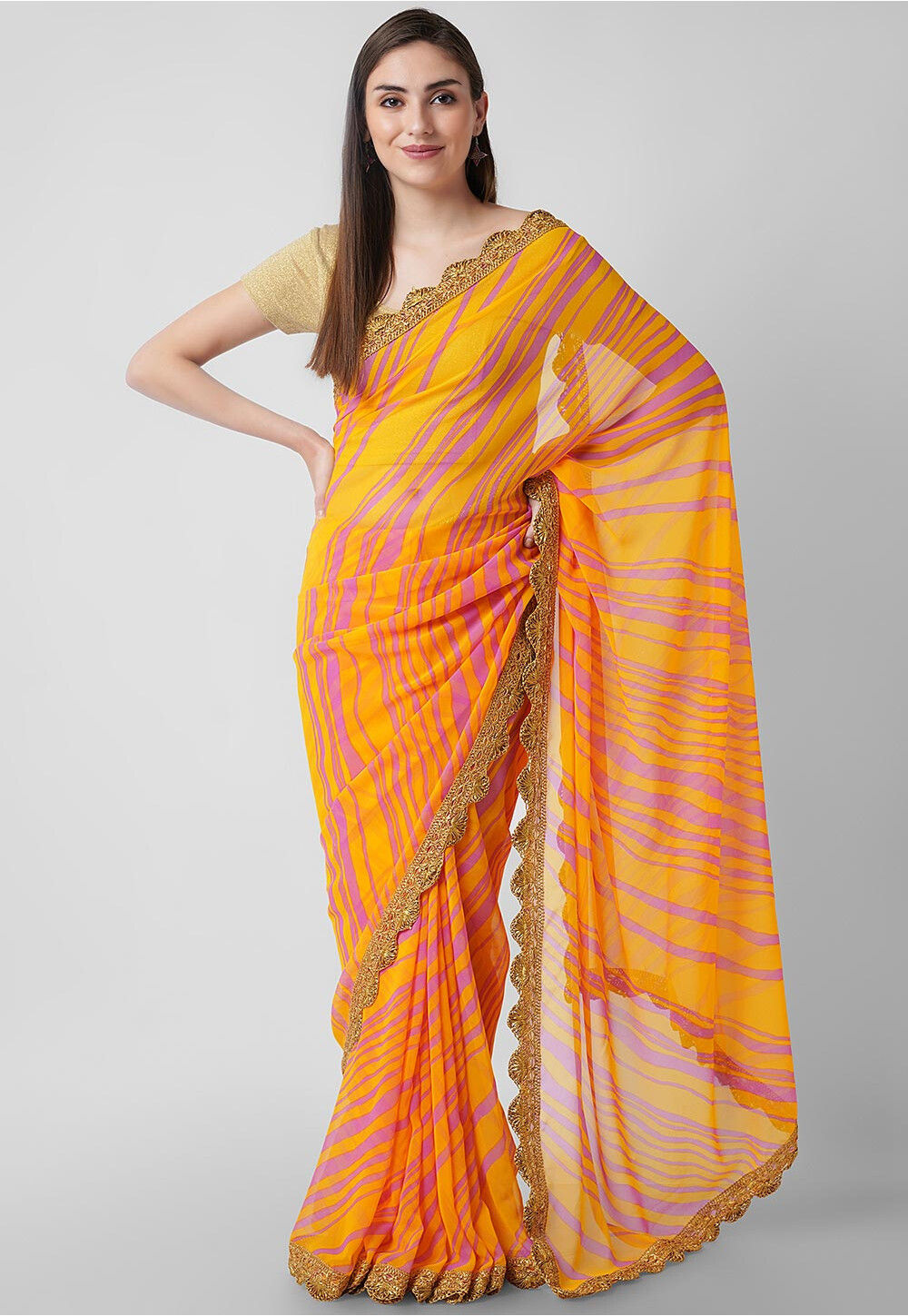 Yellow Tussar Silk Hand-Dyed Leheriya Saree Set Design by Geroo Jaipur at  Pernia's Pop Up Shop 2024