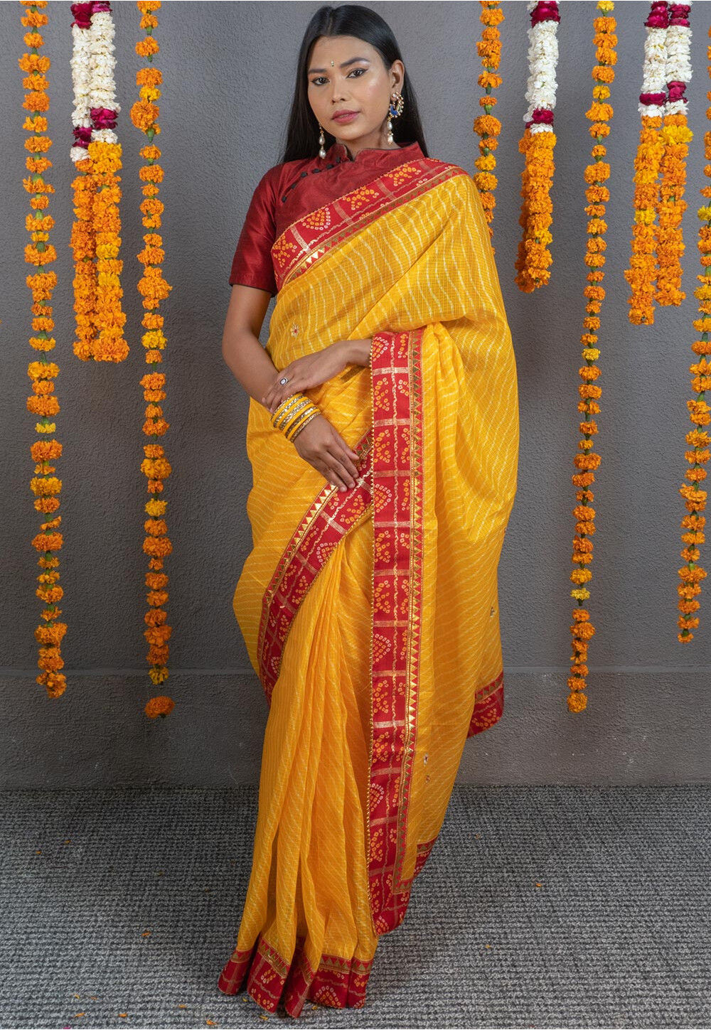 New Fashionable Yellow Colour Kota Doria Soft Cotton Lehariya Saree