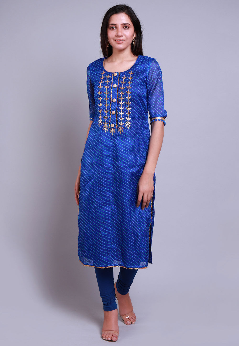 Leheriya Printed Art Kota Silk Straight Kurta in Royal Blue : TJW1838