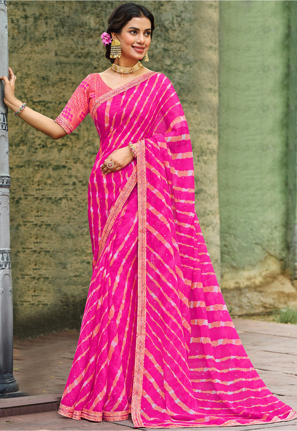 Women's Georgette Leheriya Stripe Printed Saree With Stitched Blouse Indian  Sari | eBay
