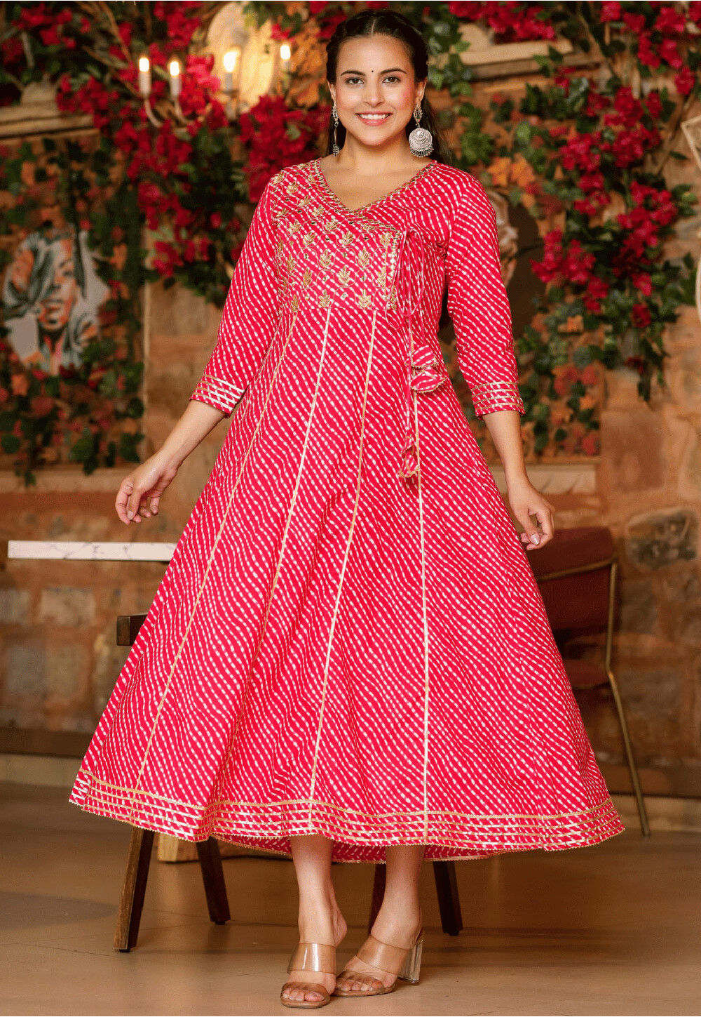 Pink Leheriya Printed A-Line Yoke Embroidered Kurta & Pink Solid Plazzos With Dupatta