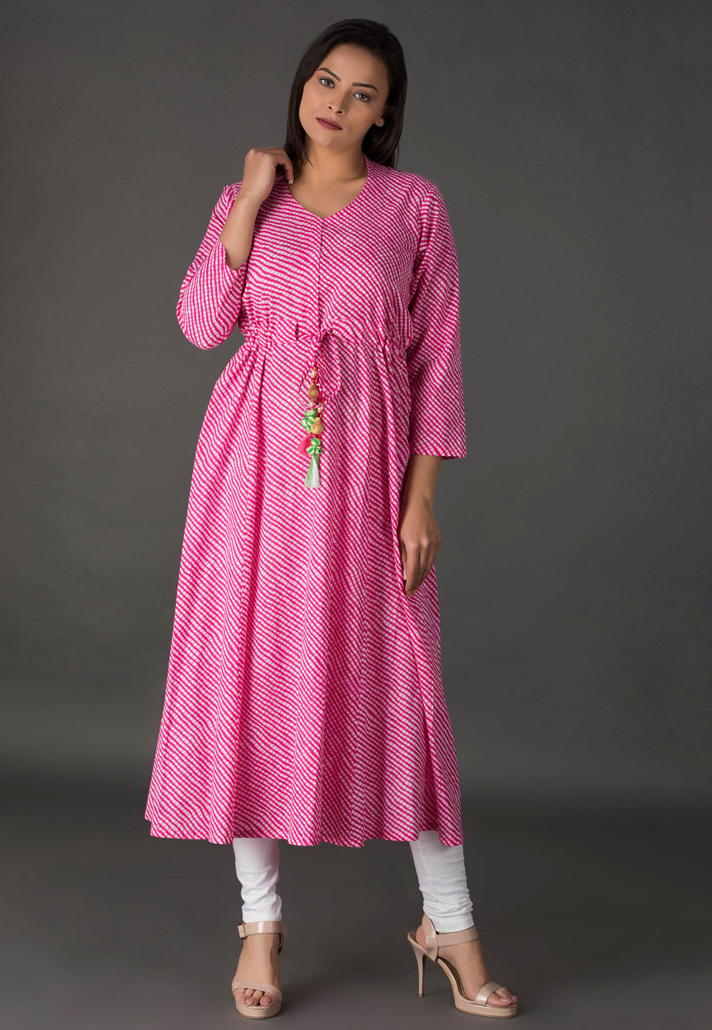 Leheriya Printed Cotton Long Kurta in Pink : TJW680