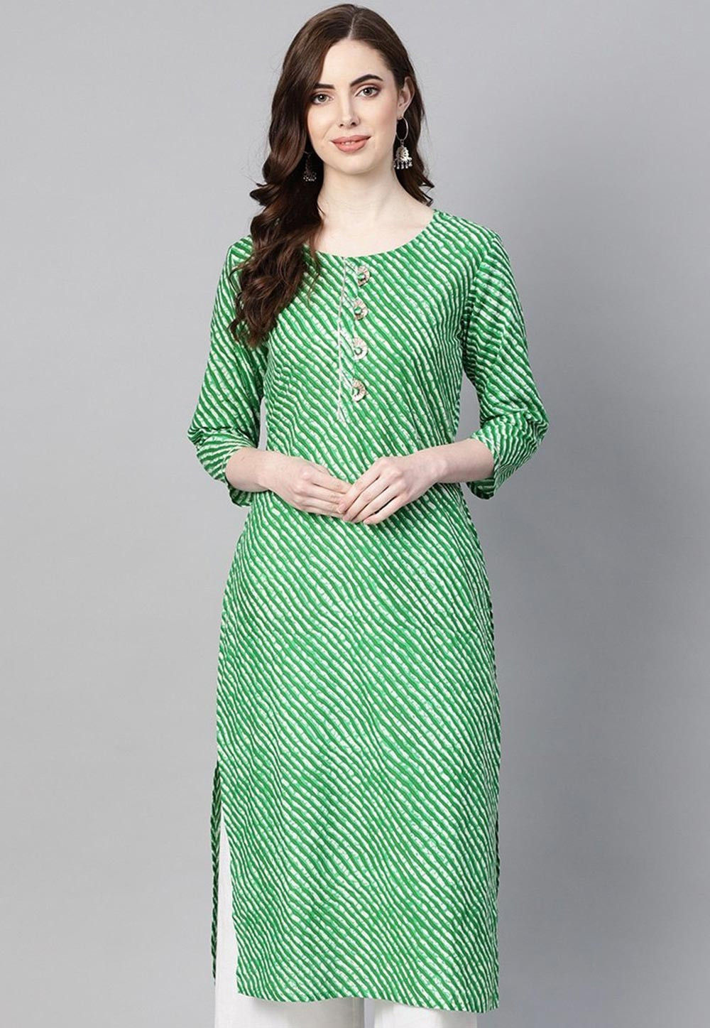 Leheriya Printed Cotton Straight Kurta in Green : TXR49