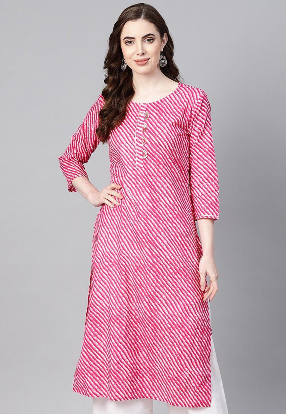 Leheriya Printed Cotton Straight Kurta in Pink : TXR54