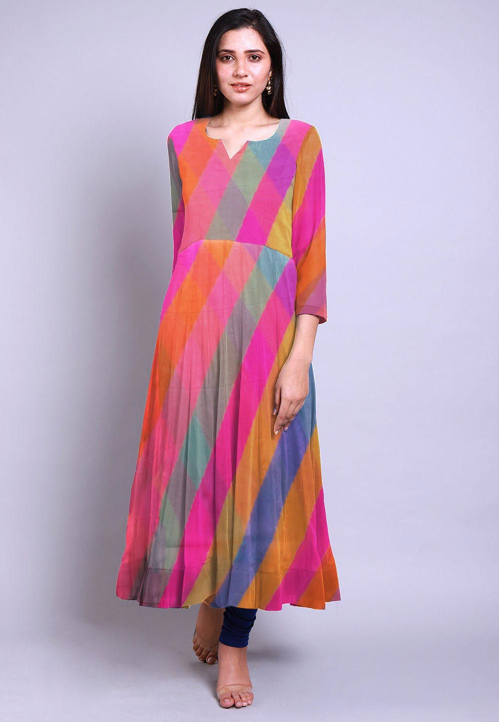 Cotton Flannel Multicolor High Neck Asymmntreic Dress - Ayaany.com