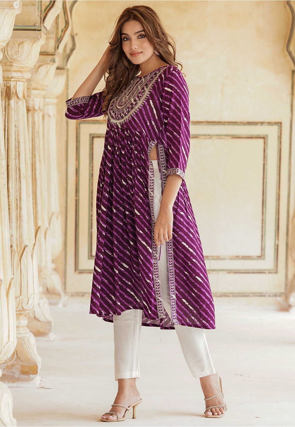 Women Multicolor Rayon Leheriya Printed & Embroidered kurta with pant & dupatta set