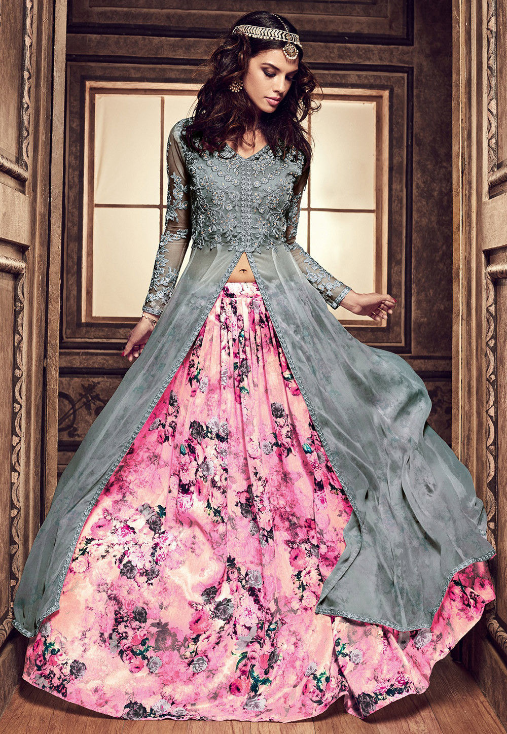Buy Embroidered Georgette Lehenga in Grey Online : LUF1233 - Utsav Fashion