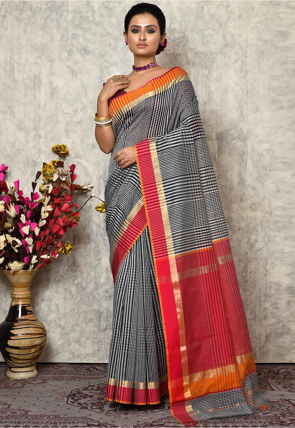 Buy Online Pochampally Ikkat Black And White Checks Saree | New saree blouse  designs, Checks saree, Silk sarees online