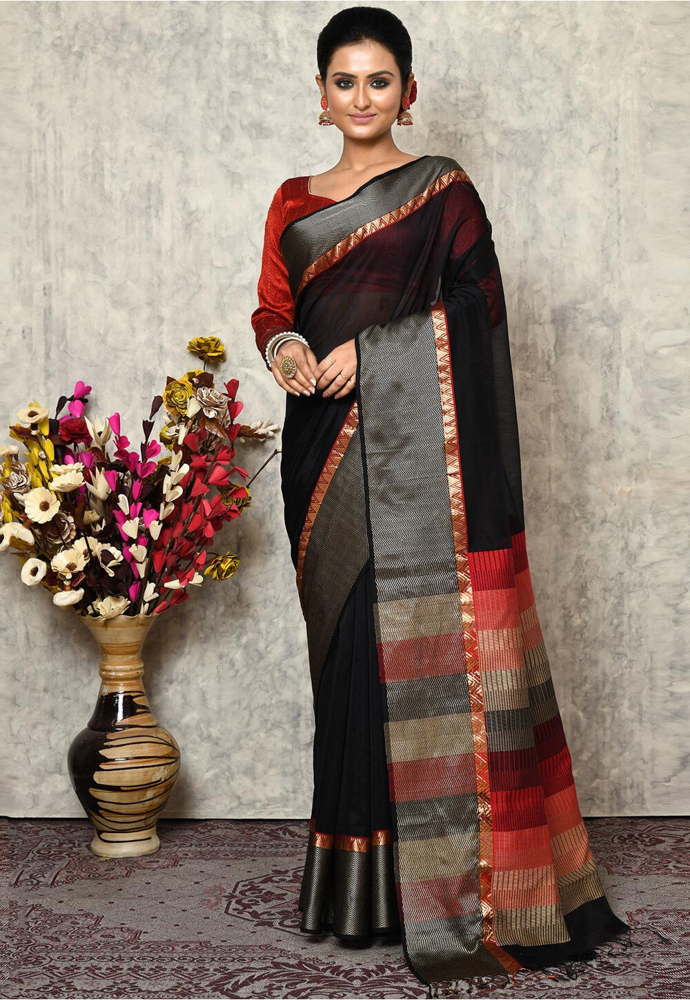 Black and gold chanderi silk saree with Aari worked blouse – Threads