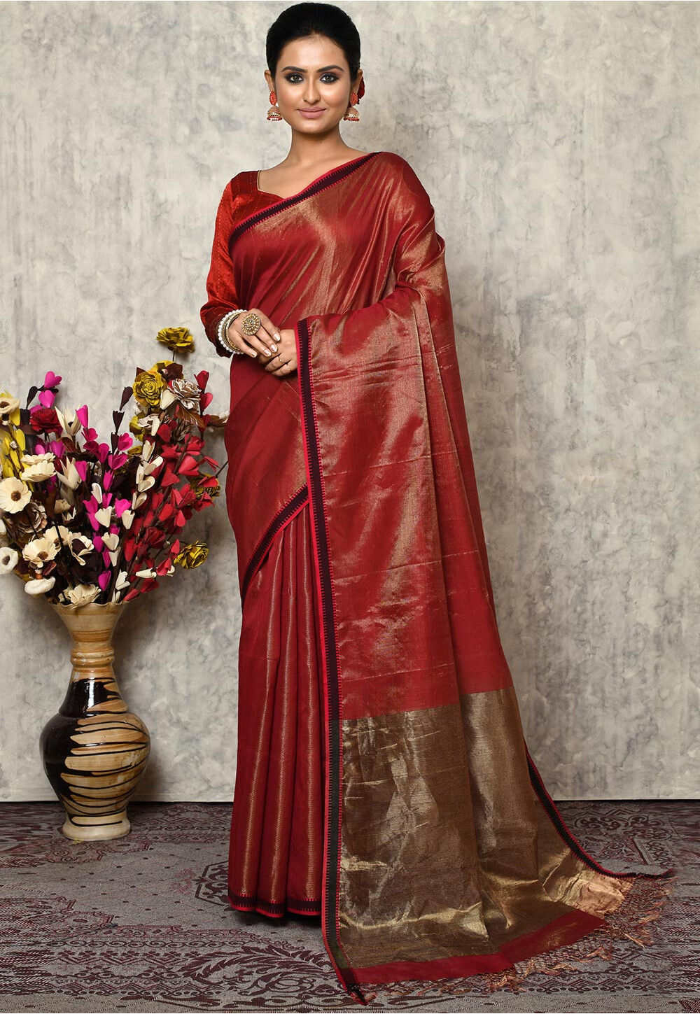 Embroidered Organza Tissue Saree in Red : SMH267