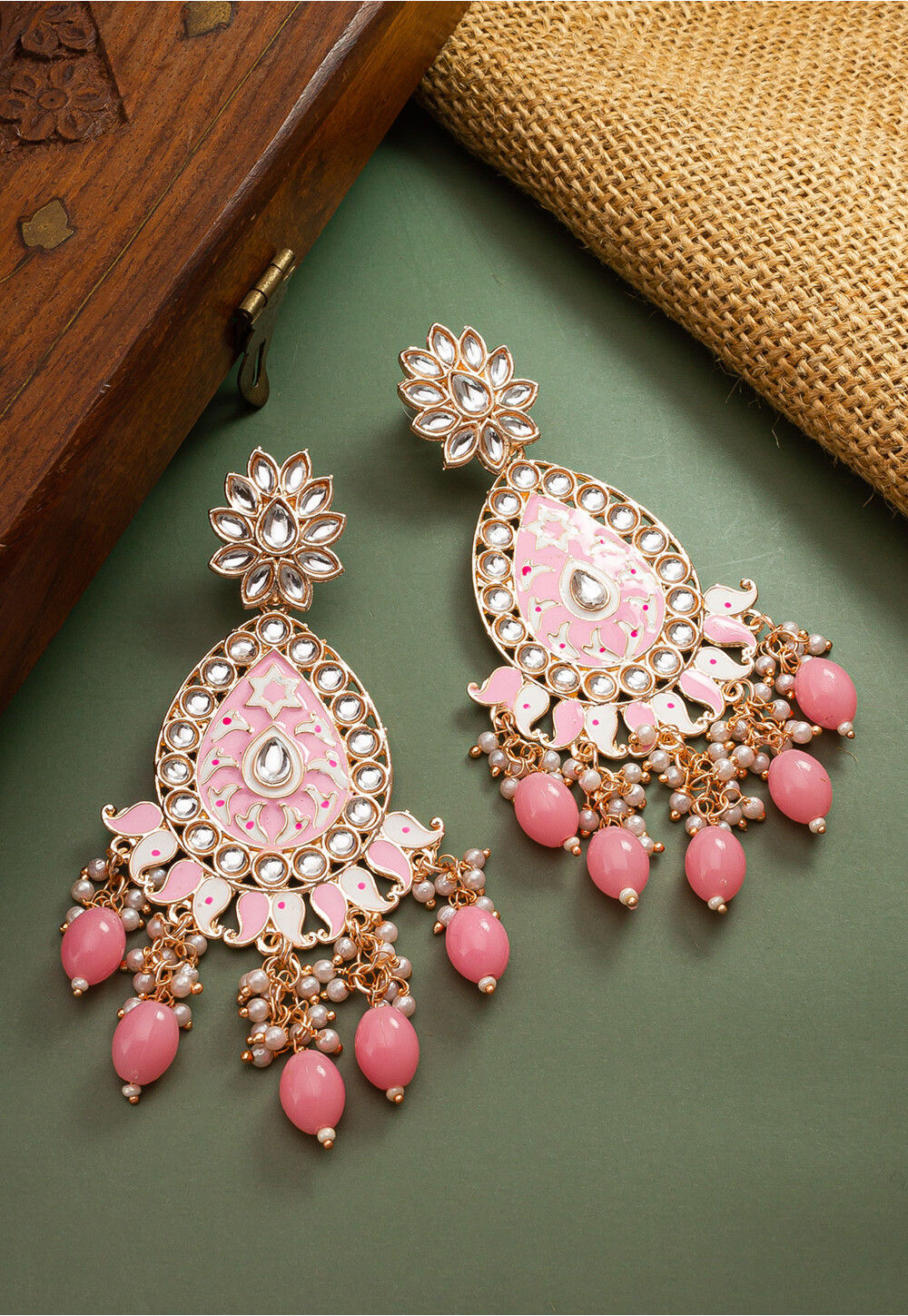 Rasiya I Earrings - Kundan Earring in Pink Meenakari & Pearls – B Anu  Designs
