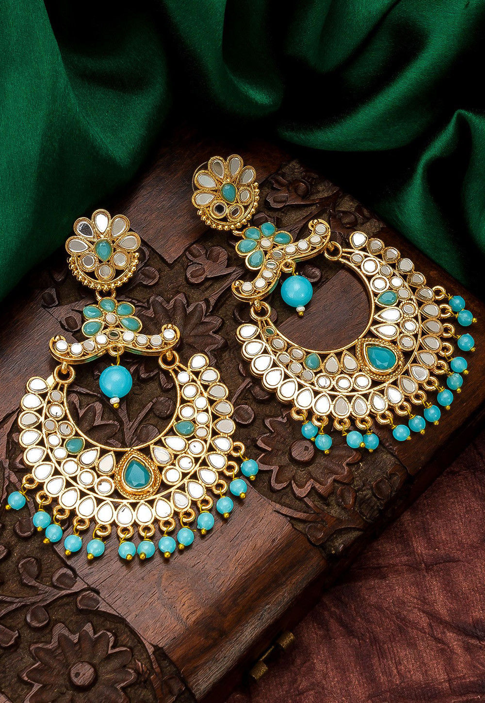 Womens Emerald Green Kundan Chandbali Earrings
