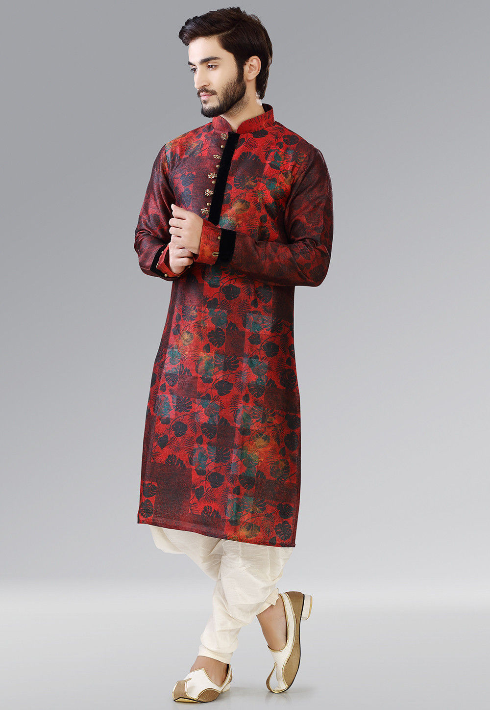 Printed Dupion Silk Dhoti Kurta in Red MTY21