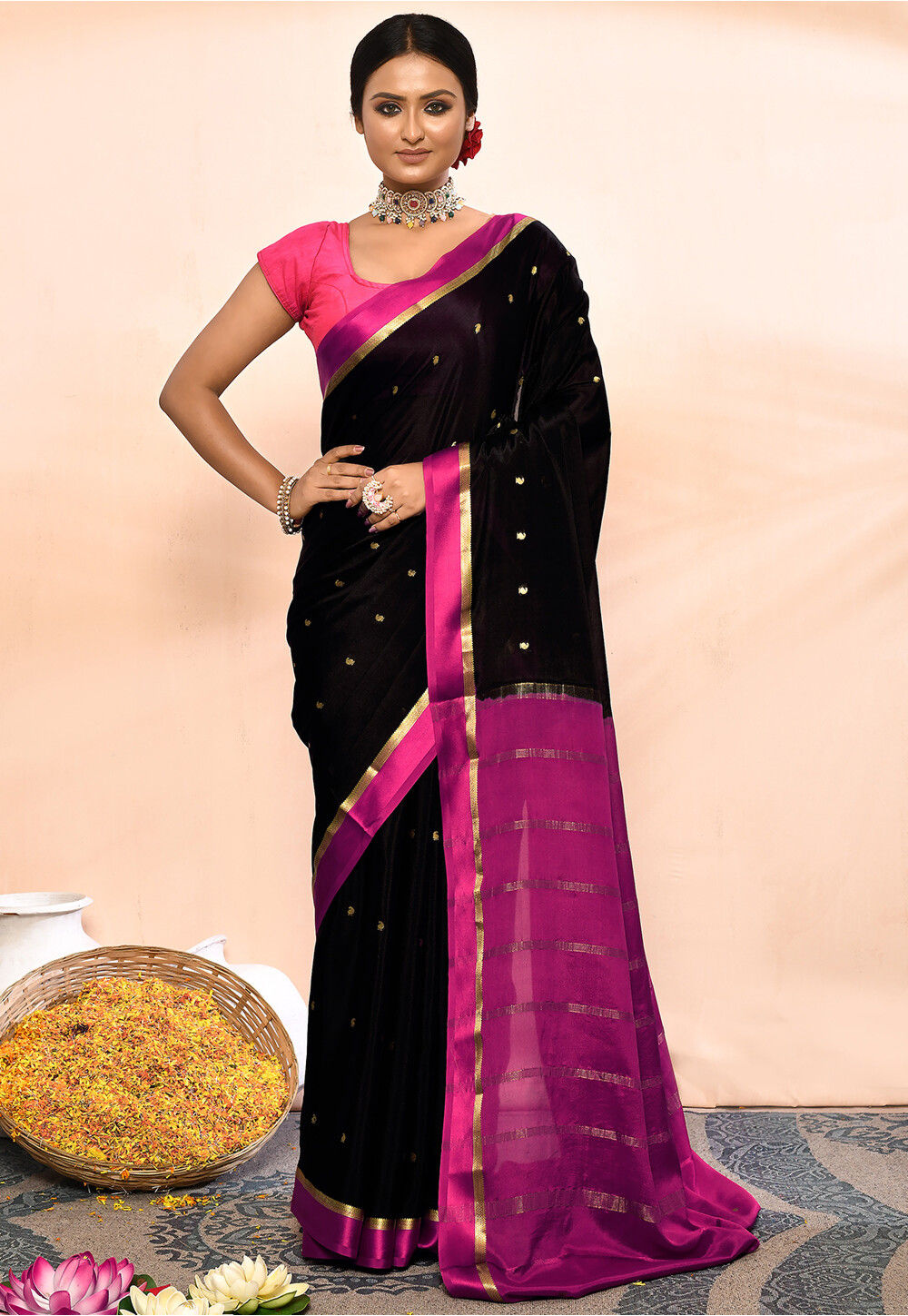 Size 40 44 Adjustable Silk Mark Certified Pure Mysore Silk Saree 100g in  Black and Pink Mysore Silk Sarees Mysore Silk Sarees Online - Etsy Norway