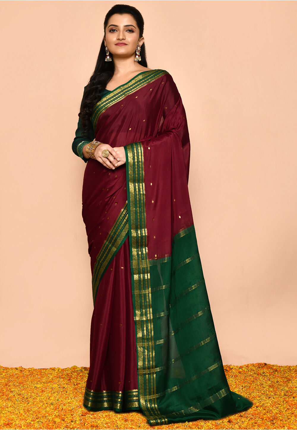 Pure Mysore Silk Wrinkle Crepe Saree with beautiful Zari design Bentex –  www.soosi.co.in