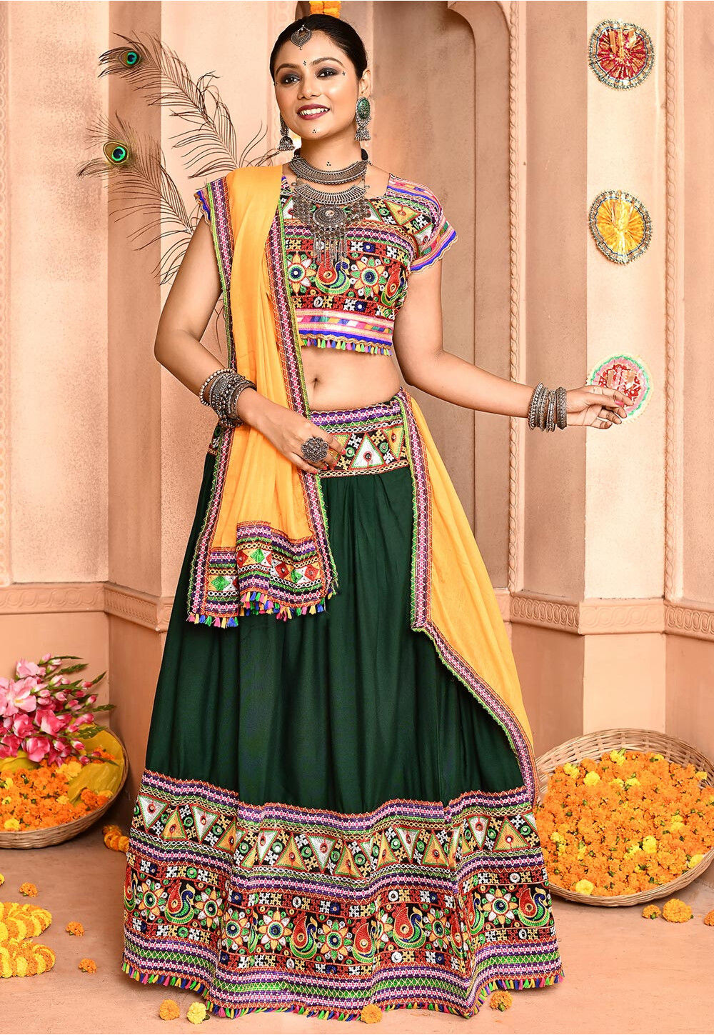 Dark green and yellow lehenga clearance