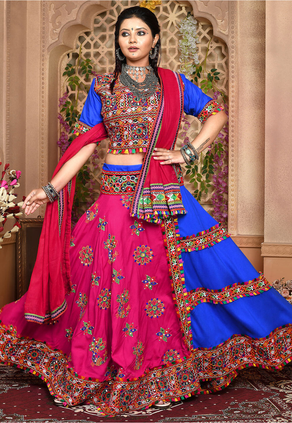 Buy Yellow And Magenta Lehenga Choli With Floral Brocade And Bandhani Along  With Mirror Accents