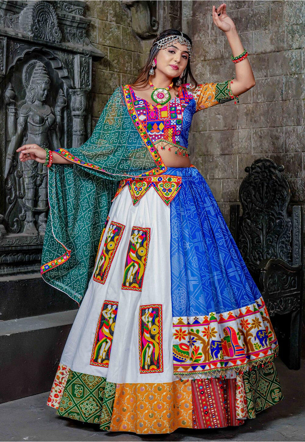 Navratri Special Georgette and Cotton Lehenga in Off White and Blue :  LBC1692