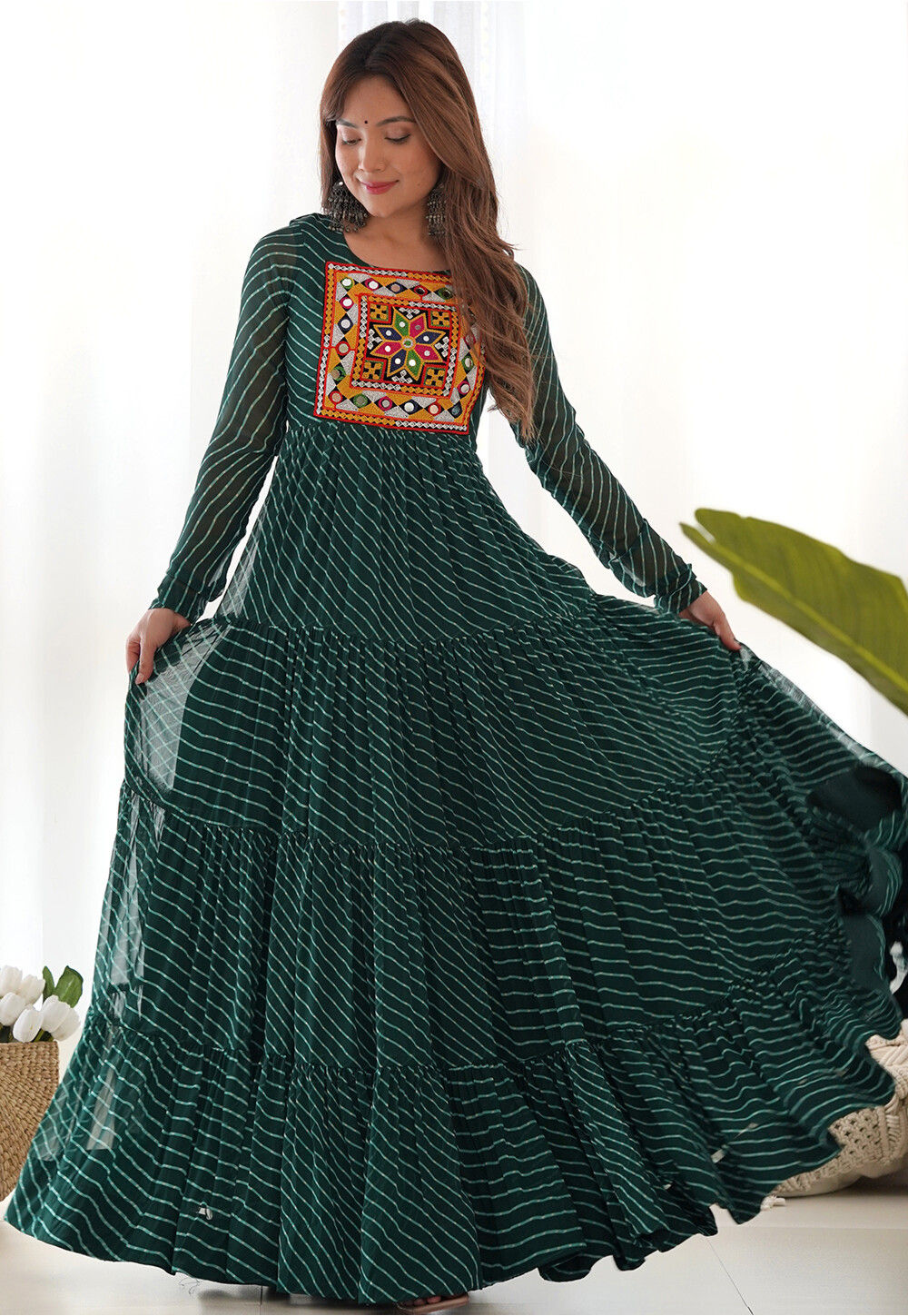 Teal Navratri Special Heavy Readymade Gown With Rich Sequins Embroidery Work