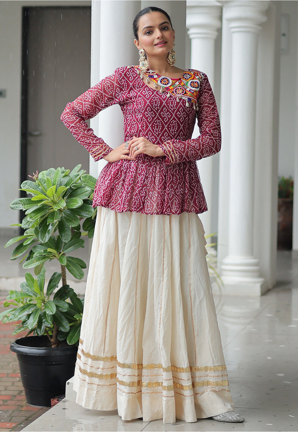 Buy Navratri Special Georgette Peplum Top Set in Maroon Online