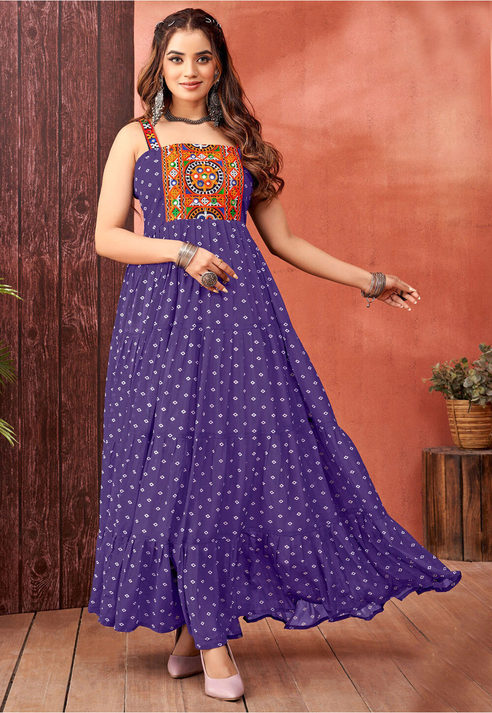 Buy Navratri Special Georgette Tiered Gown in Purple Online TFJ148 Utsav Fashion