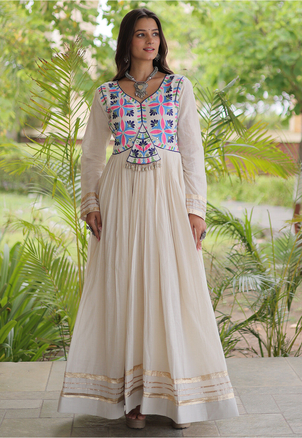 Navratri Special Kora Cotton Gown in White