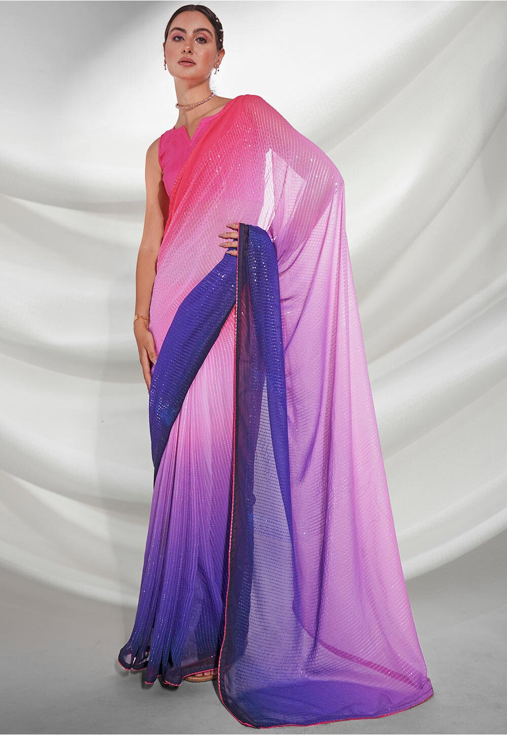 Silk cotton saree dual shade of bluish green and pink with plain body and  zari woven border at 415000 by Prashanti – Prashanti Sarees