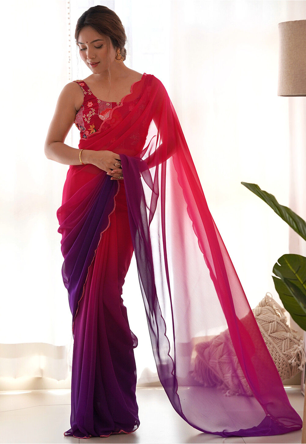 Black Scalloped Lace Border Georgette Saree with ombre Tone effect main image 0
