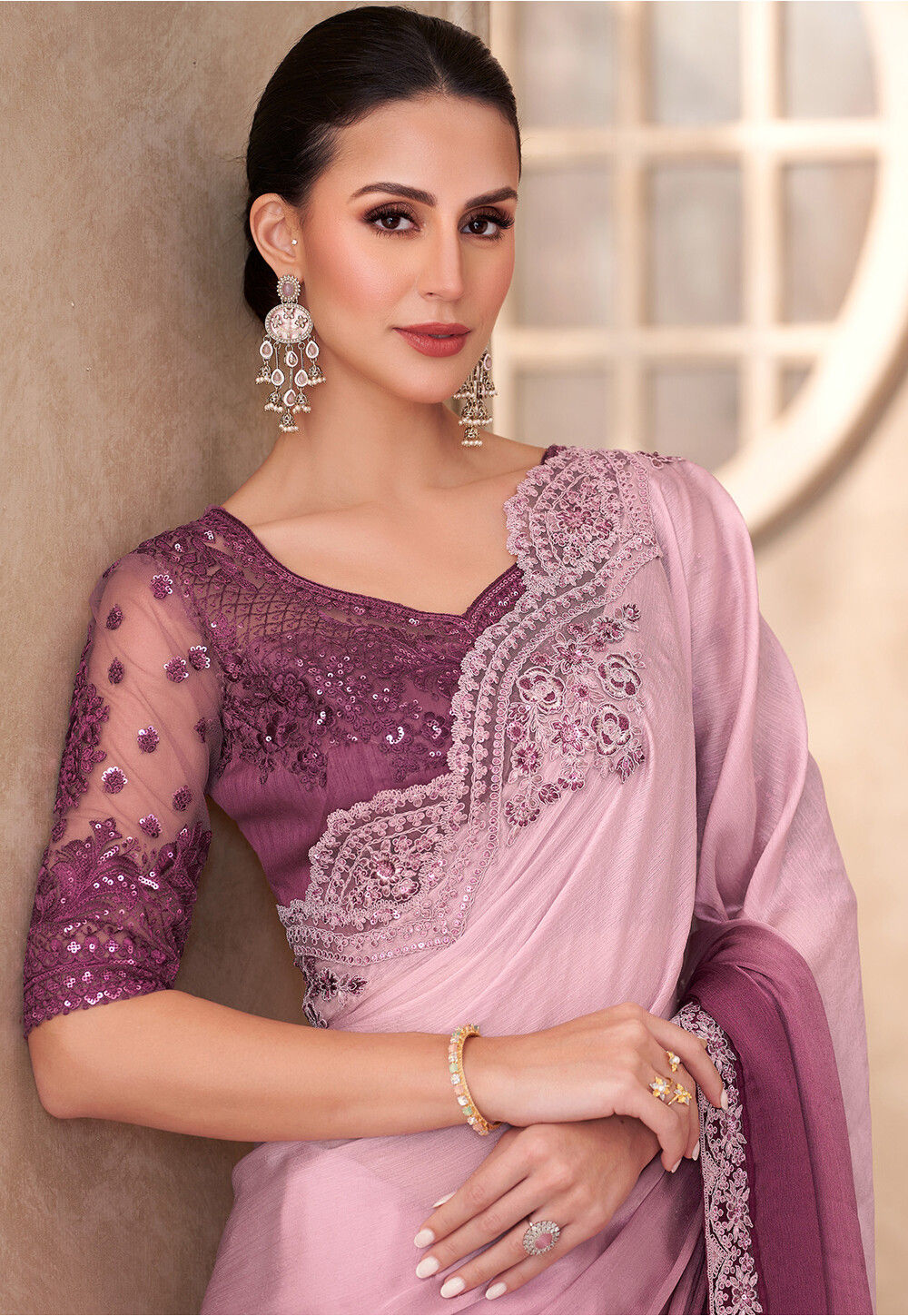 Ombre Chiffon Saree with Floral Print and Crystal Embellishment