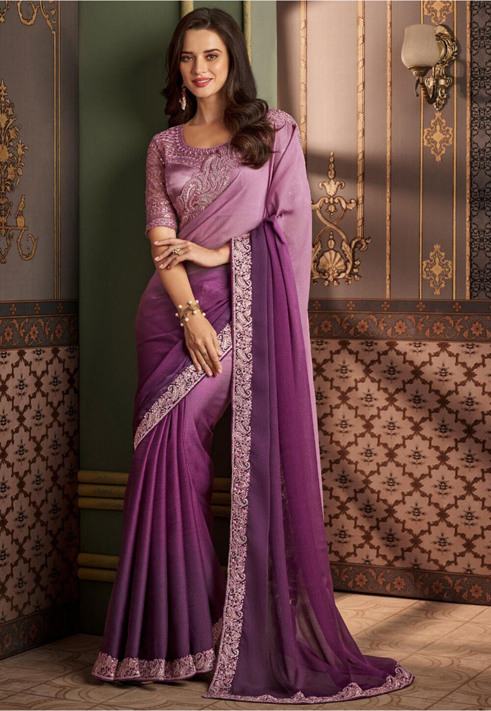 Purple dual shade ready-made satin saree - Dress me Royal