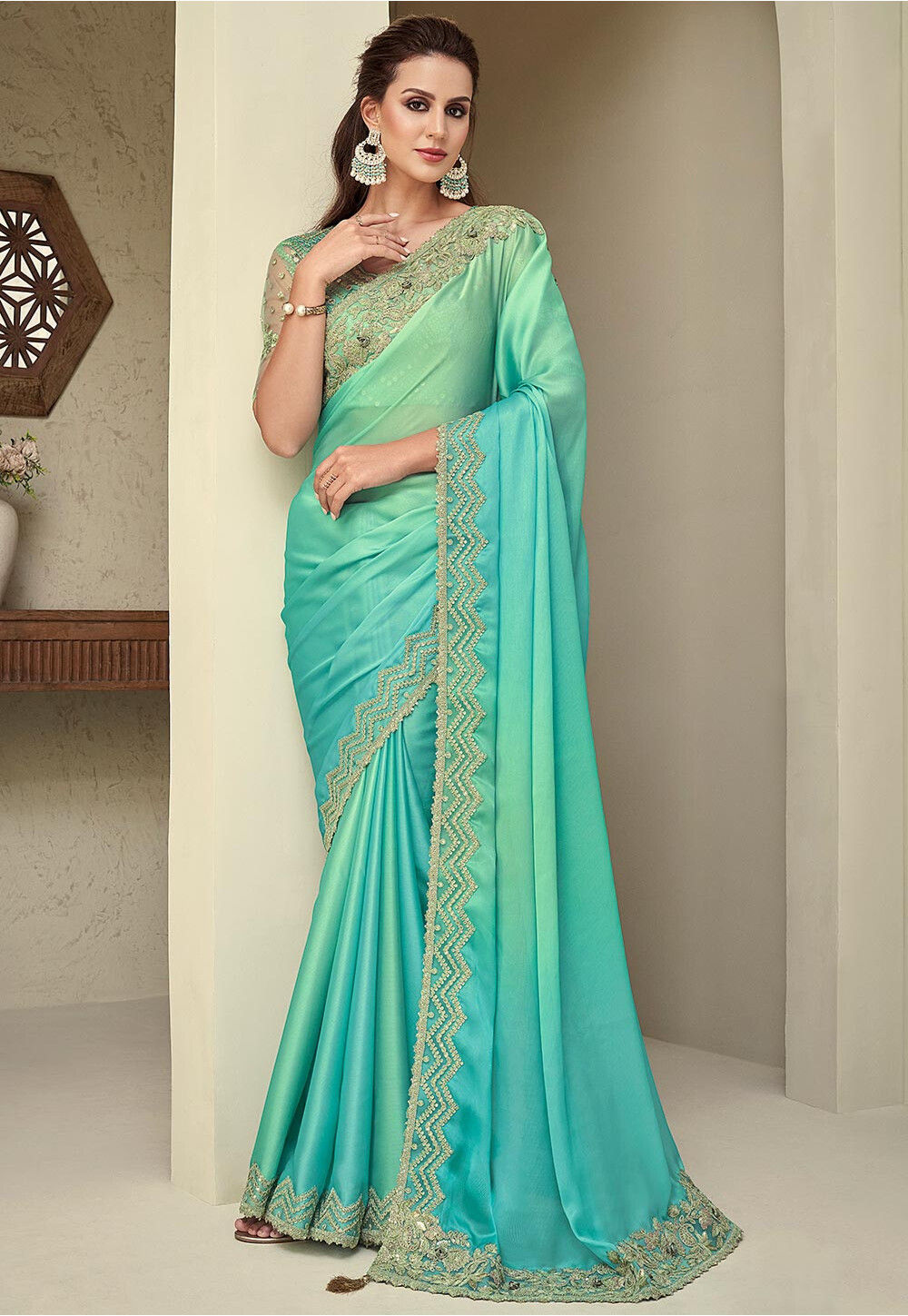 Buy Ombre Satin Georgette Saree in Shaded Sea Green and Light Blue ...