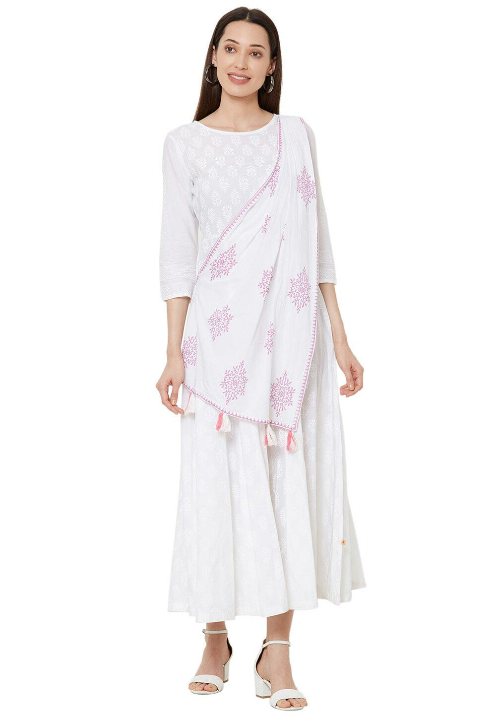 Women's White Printed Cotton Anarkali Kurta main image 0