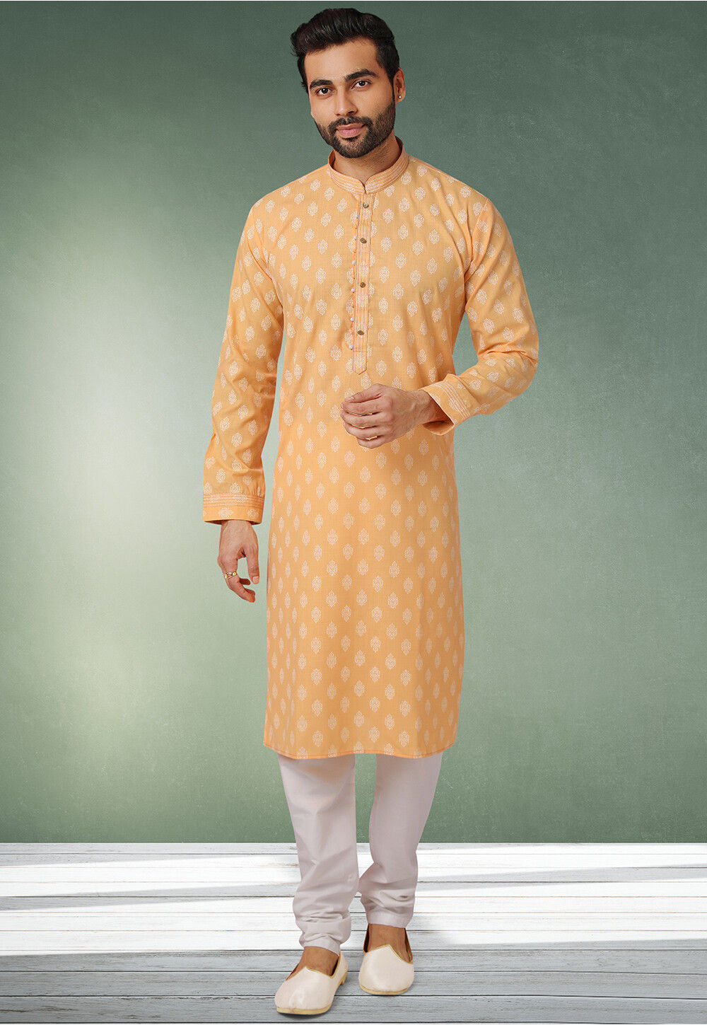 Buy Ornamental Printed Cotton Kurta Set in Orange Online MLY338