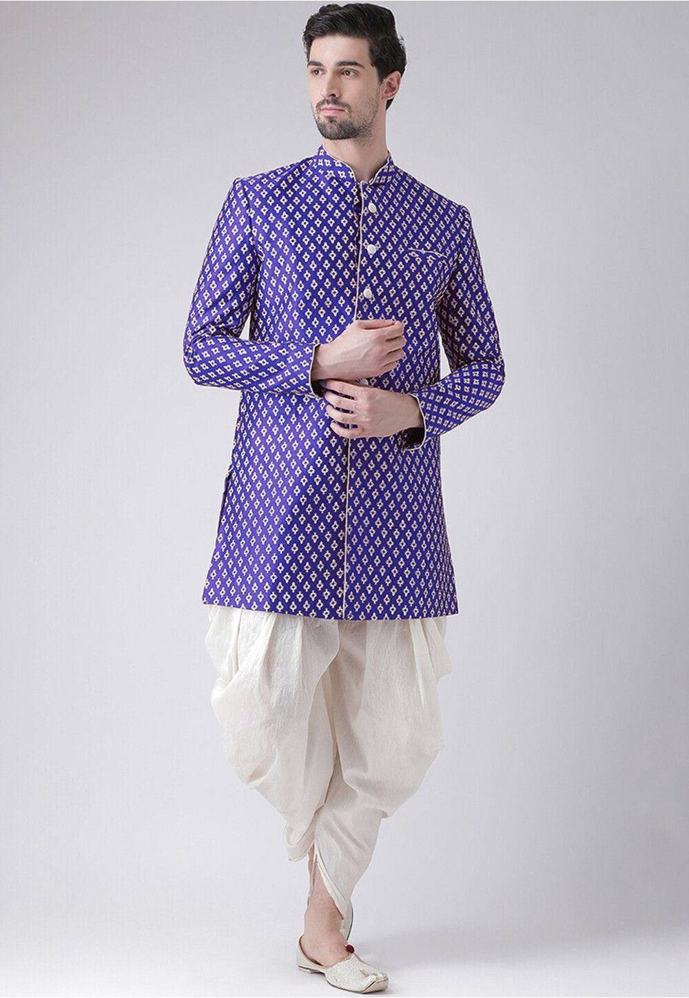Grey Olive Sherwani Dupion Jecquared  Dhoti main image 0