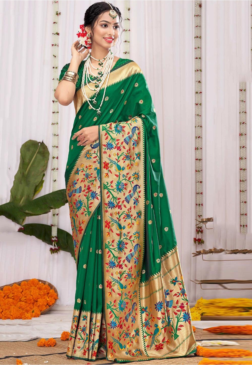 Teena Dark Green Paithani Silk Saree With Attractive Blouse – Zariknyaa