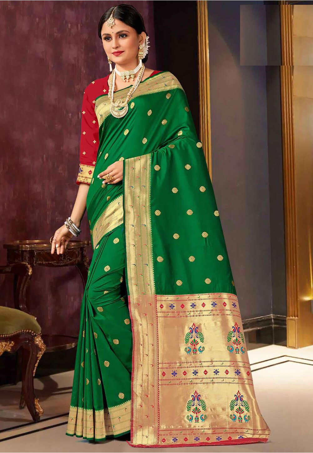 Embrace Tradition with Bottle Green Paithani Woven Silk Sarees – YNF