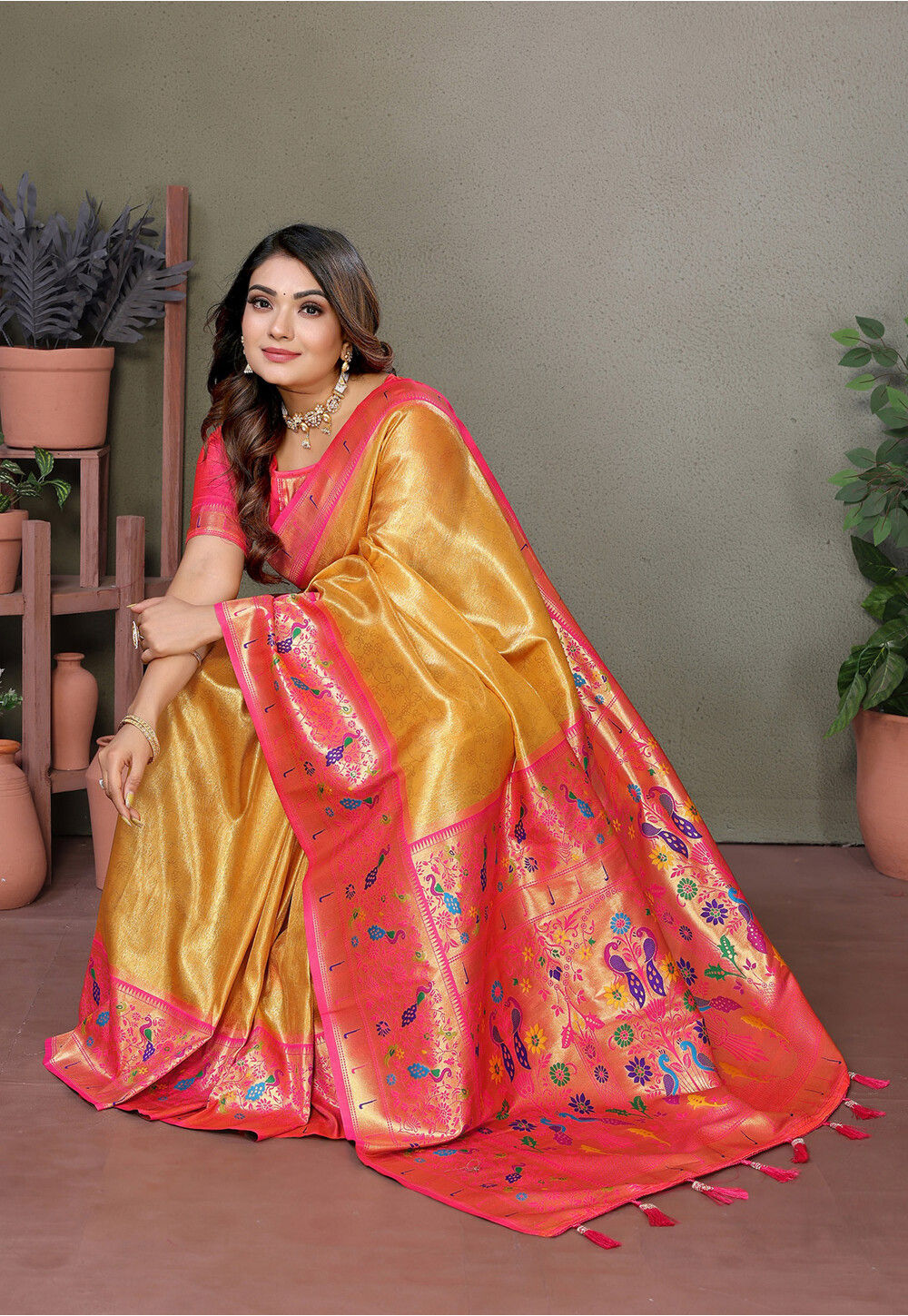 Mustard Traditional Paithani Silk Saree with Tassels & Latkans – Includes Matching Blouse
