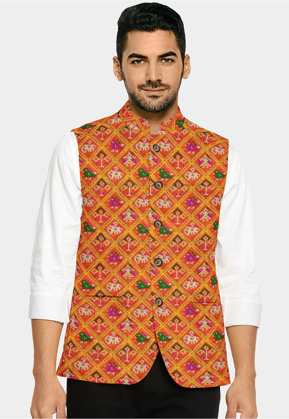 Buy Patola Printed Art Silk Nehru Jacket in Orange Online