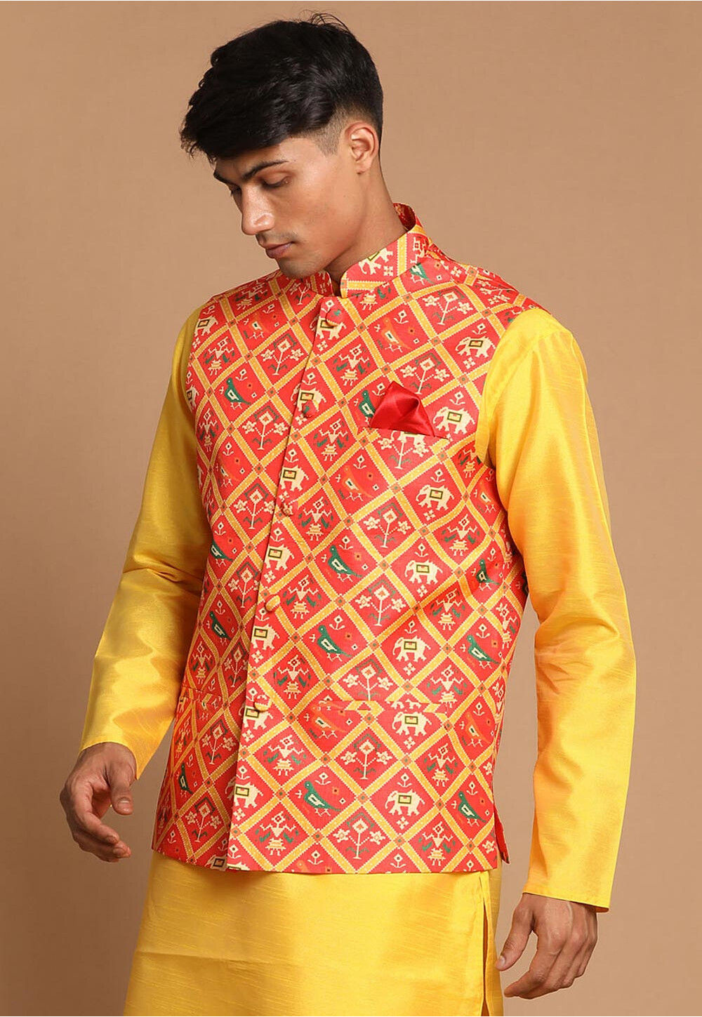 Patola Printed Art Silk Nehru Jacket in Red : MTR2860