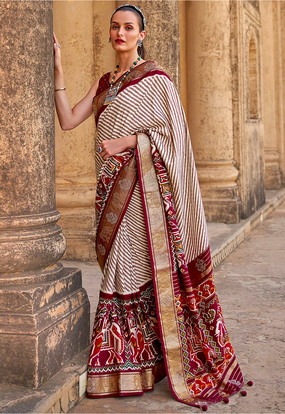 Patola Printed Art Silk Saree in Maroon and Off White SPF5451