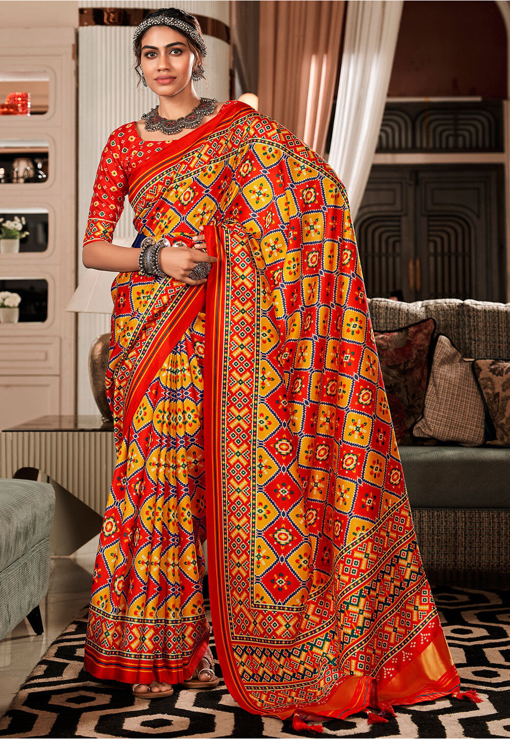 Festive Maroon Red Georgette Patola Printed Saree Nature Inspired