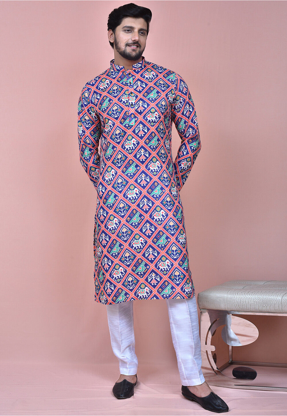 Boy Patola print Kurta  Balloon Pants Set - Blue main image 1