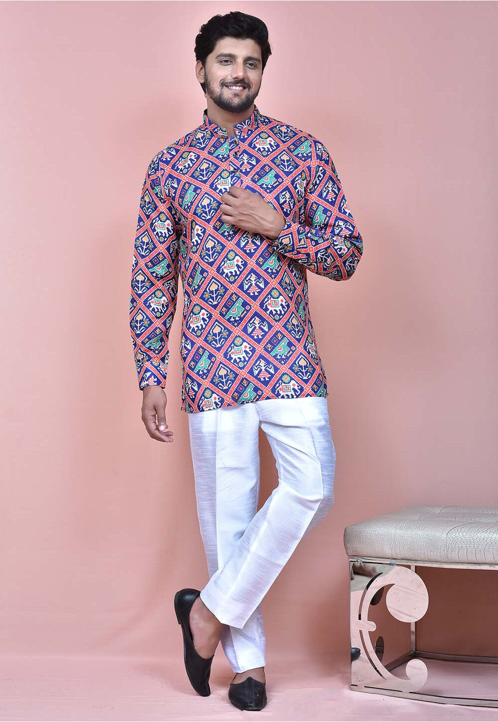 Royal Blue Muslin Patola Printed Short Kurti main image 1